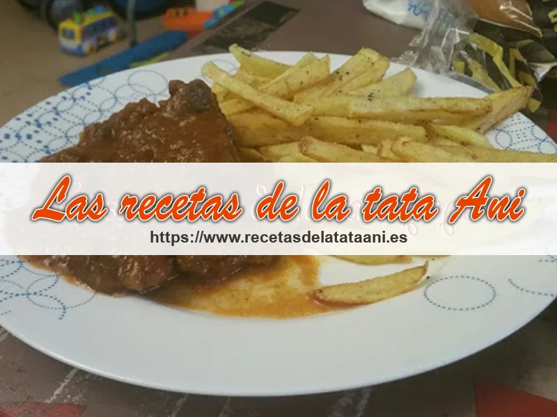 Plato de carne al toro acompañado de patatas fritas